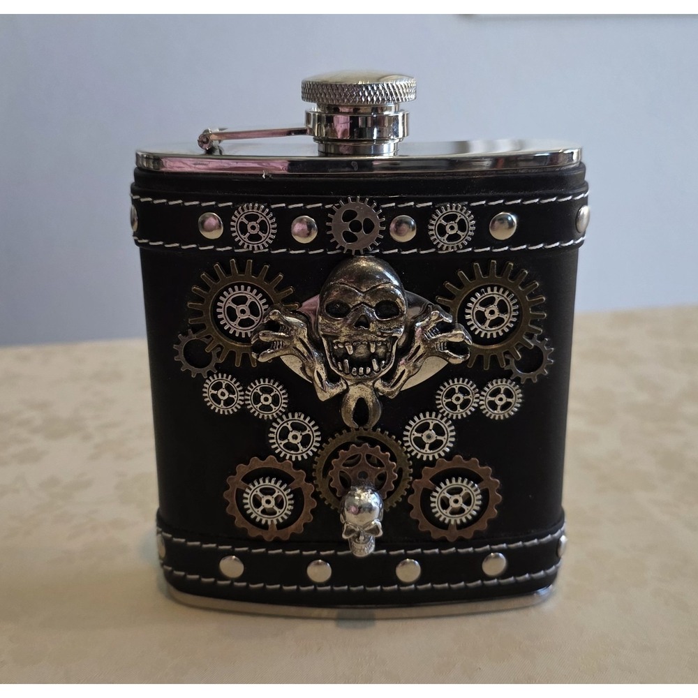 Skull Gothic Hip Flask Black Faux Leather Wrap 6 oz Stainless Steel Screw Cap